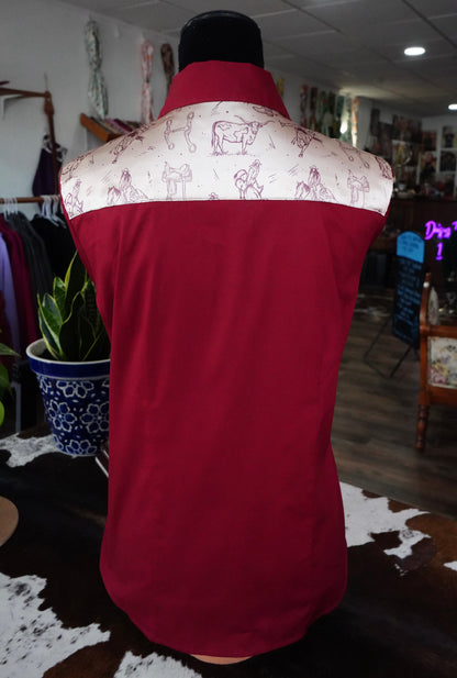 XL - Cowboy Sketches on Maroon Cotton Button Down