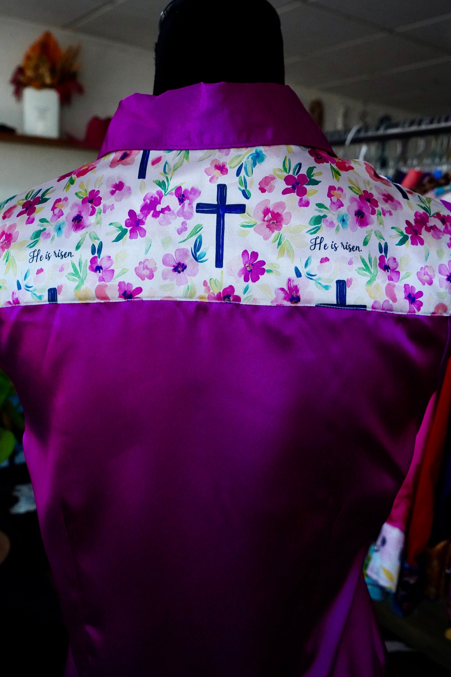 M - He Is Risen on Magenta Satin Button Down