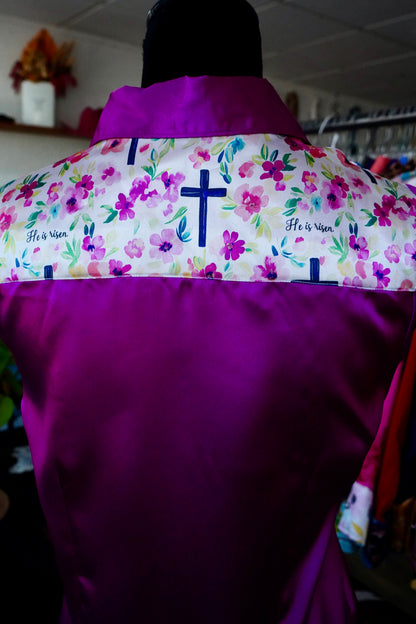 M - He Is Risen on Magenta Satin Button Down