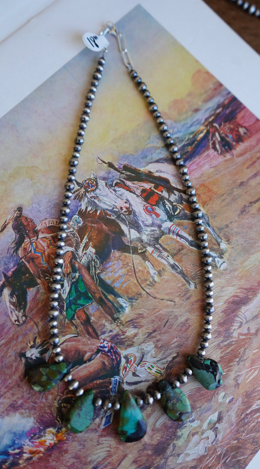 Turquoise Teardrops on Sterling Silver Pearls Necklace - 18”