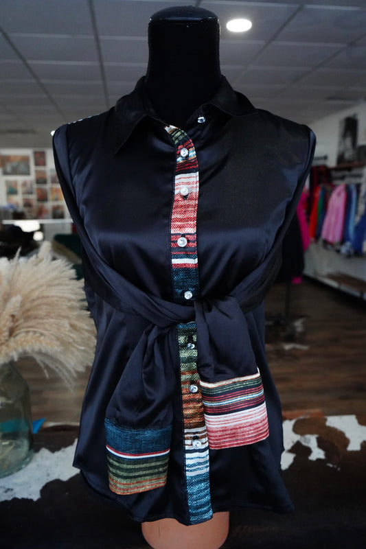 L - Serape on Black Satin Button Down