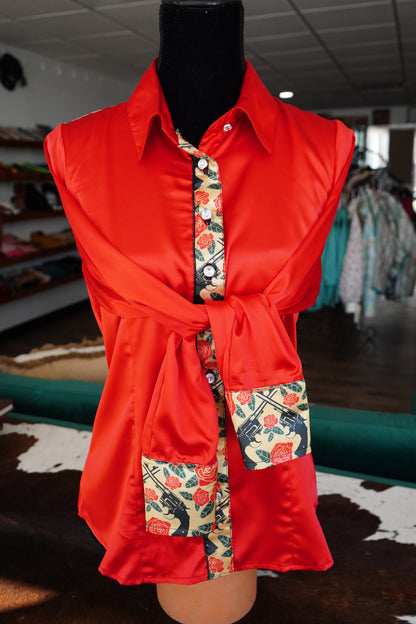 L - Pistols & Roses on Red Satin Button Down