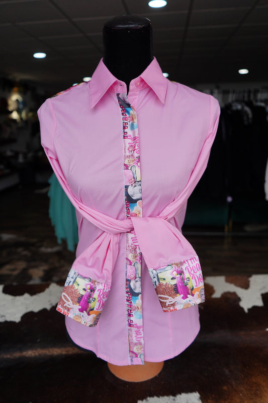 S - WWDD on Light Pink Cotton Button Down w/ Fringe