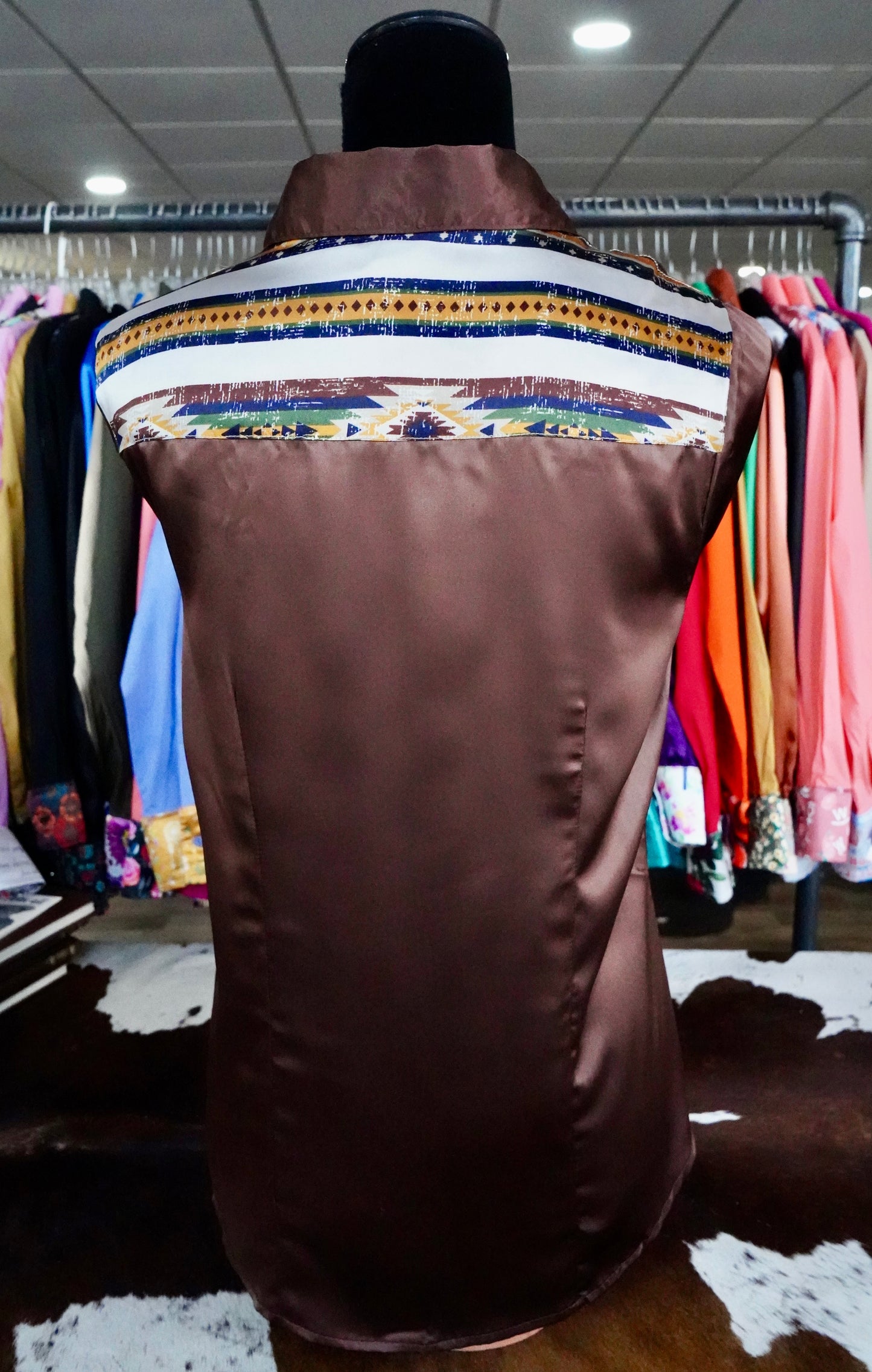 L - Withered Native Stripe on Brown Satin Button Down