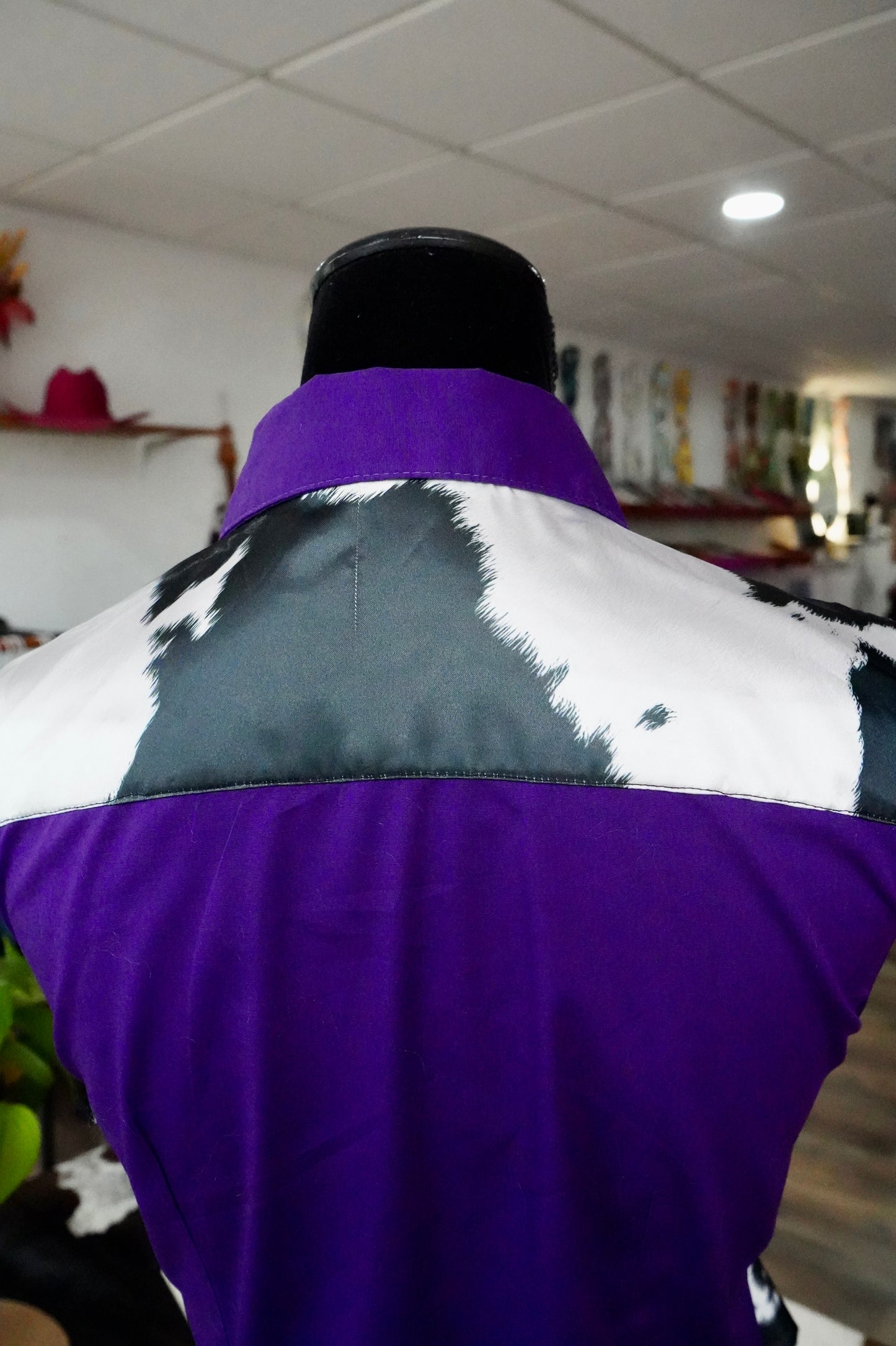 M - B/W Cowhide on Purple Cotton Button Down