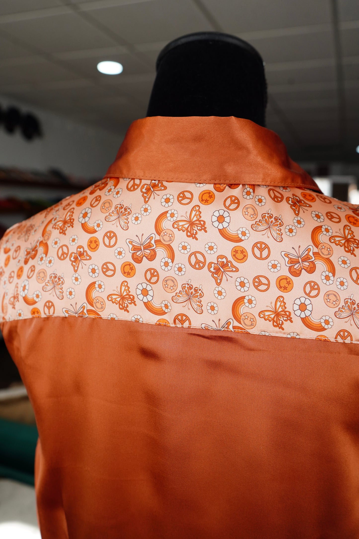 L - Dainty Hippie Butterflies on Rust Satin Button Down