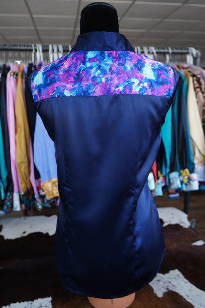 M - Pink & Blue Watercolor on Navy Satin Button Down