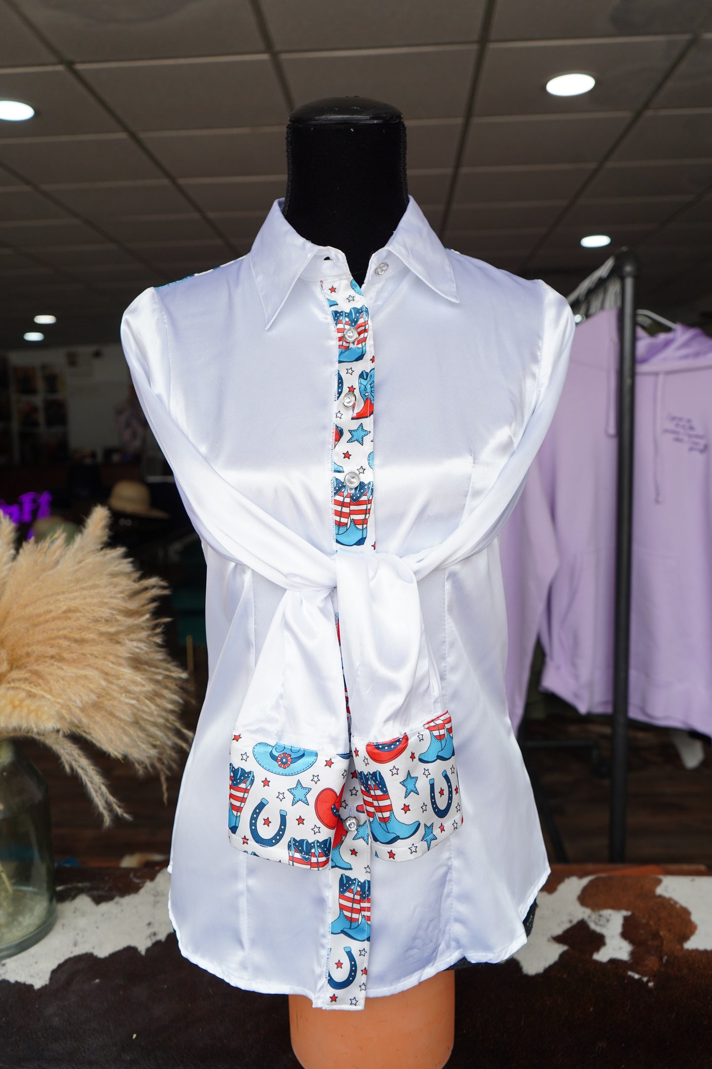 S - Patriotic Boots & Hats on White Button Down