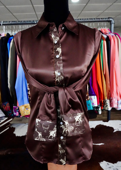 S - Brown Cowboy Sketches on Brown Satin Button Down