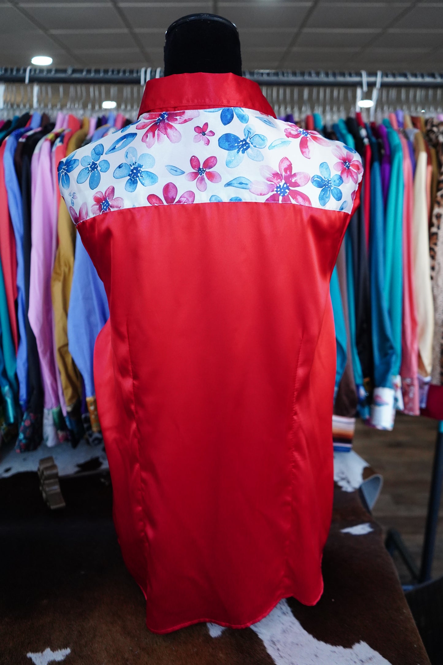 2XL - Patriotic Flowers on Red Satin Button Down