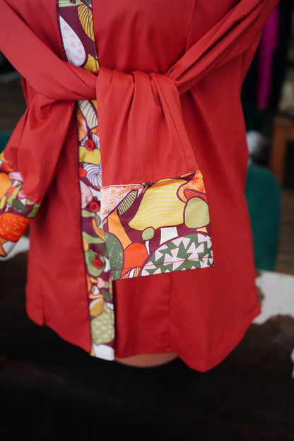 M - 70s Trippy Hippy on Rust Red Cotton Button Down