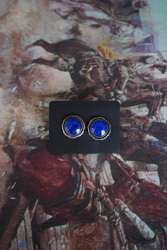 Vintage Round Lapis w/ Stamped Border Stud Earrings