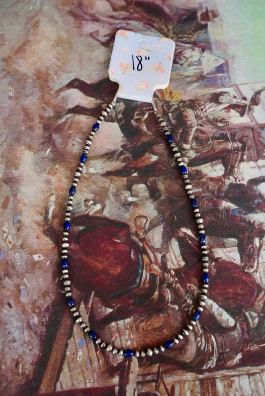 Sterling Silver Pearls w/ Lapis Necklace - 18”