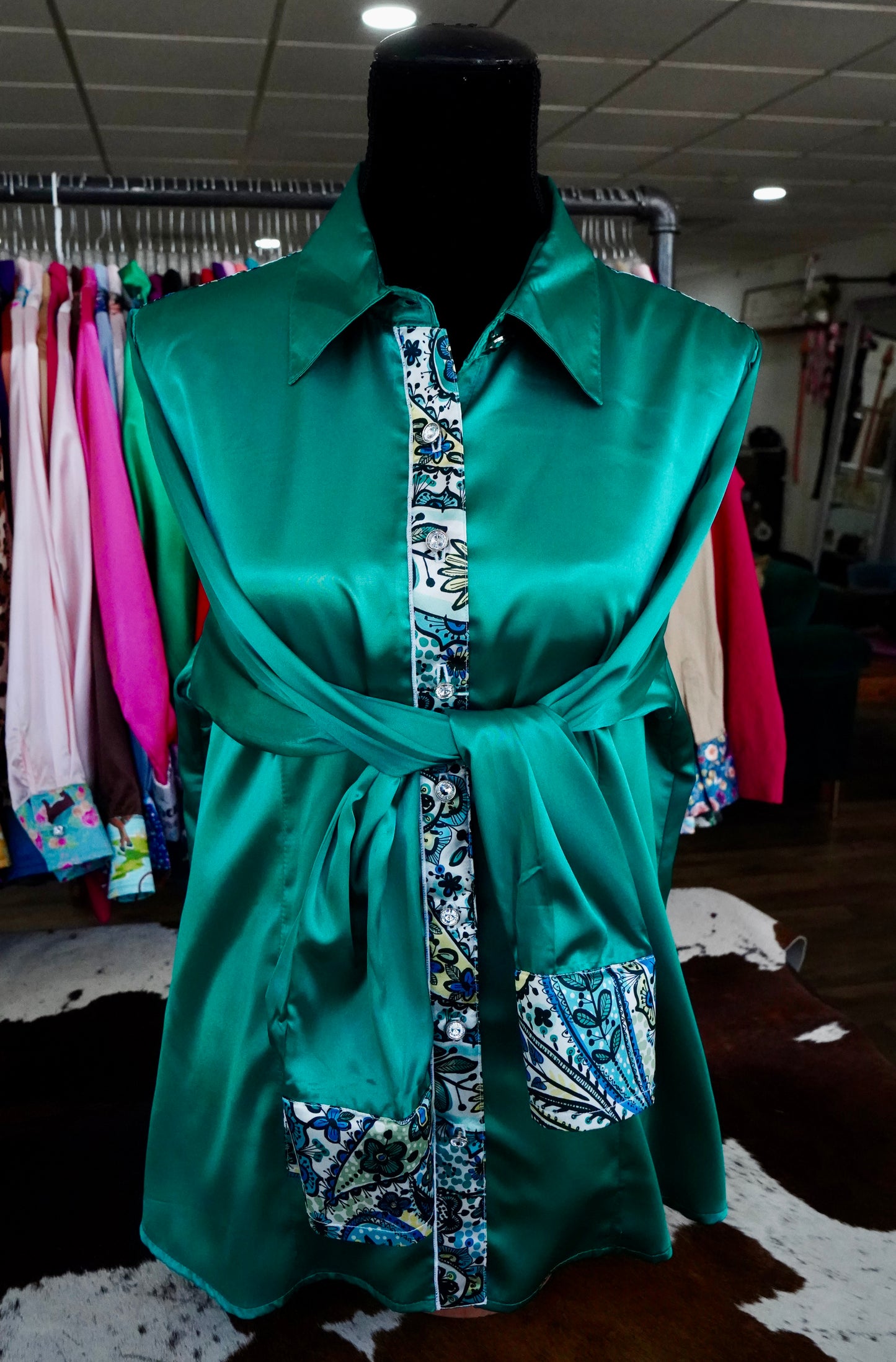2XL - Emerald Floral Paisley on Emerald Satin Button Down