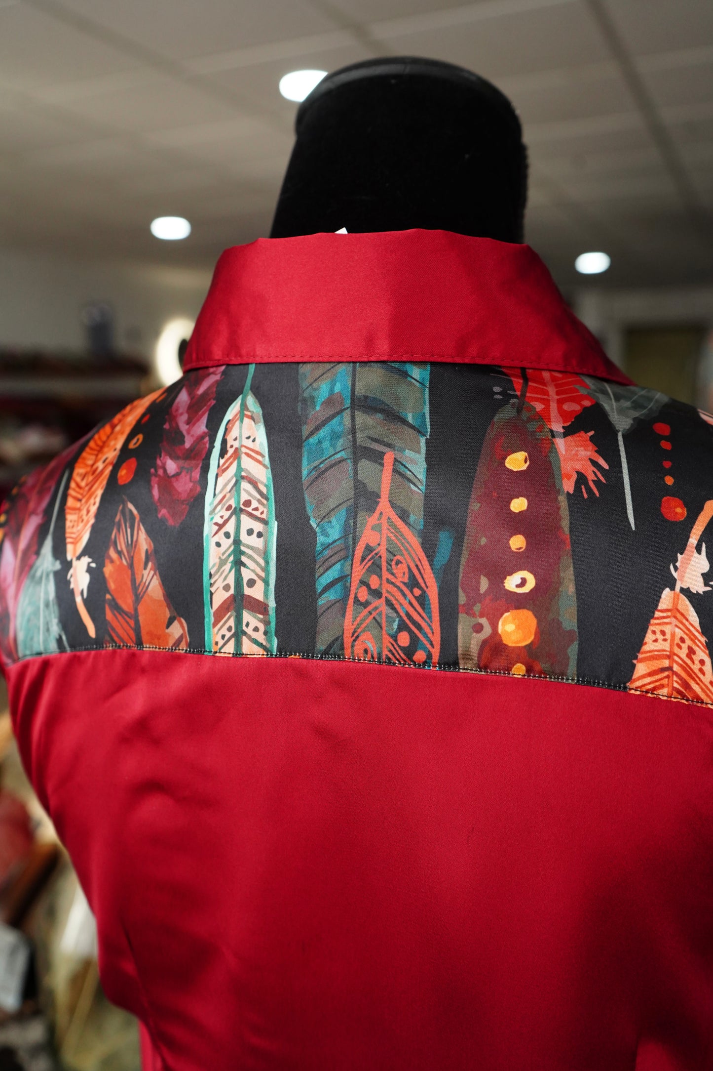 M - Multi Color Feathers on Burgundy Satin Button Down