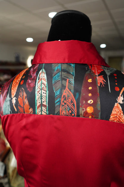 M - Multi Color Feathers on Burgundy Satin Button Down