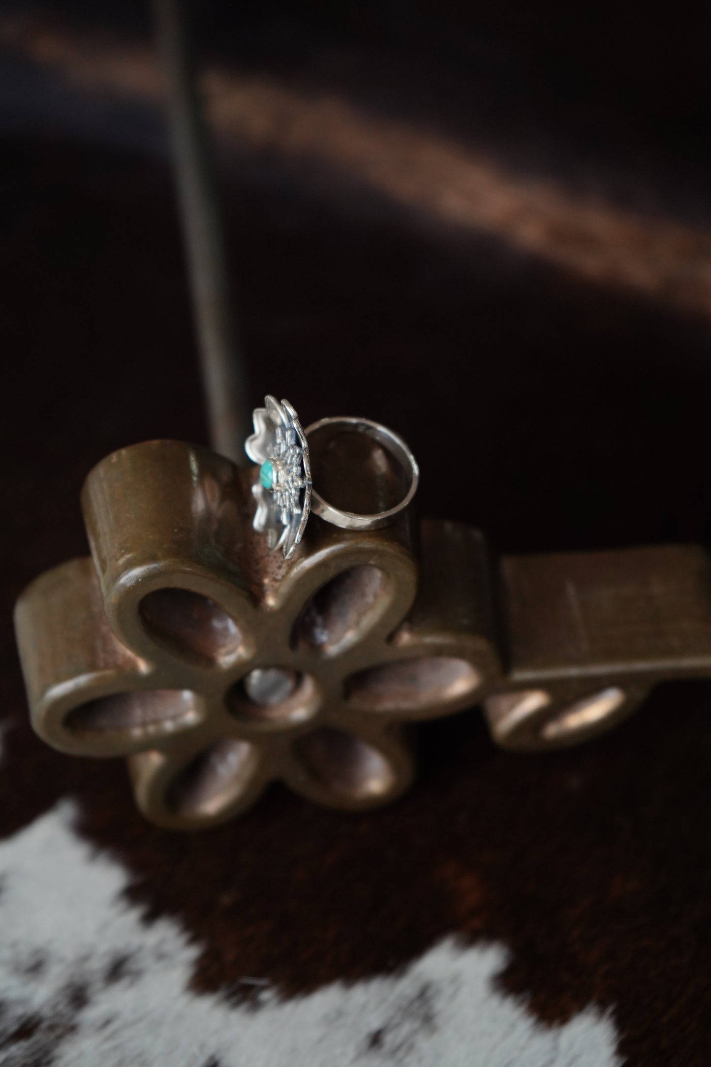 Turquoise & Opal Silver Flower Rings - Adj