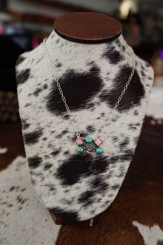 Multi Stone Flower Cluster Bar Necklace