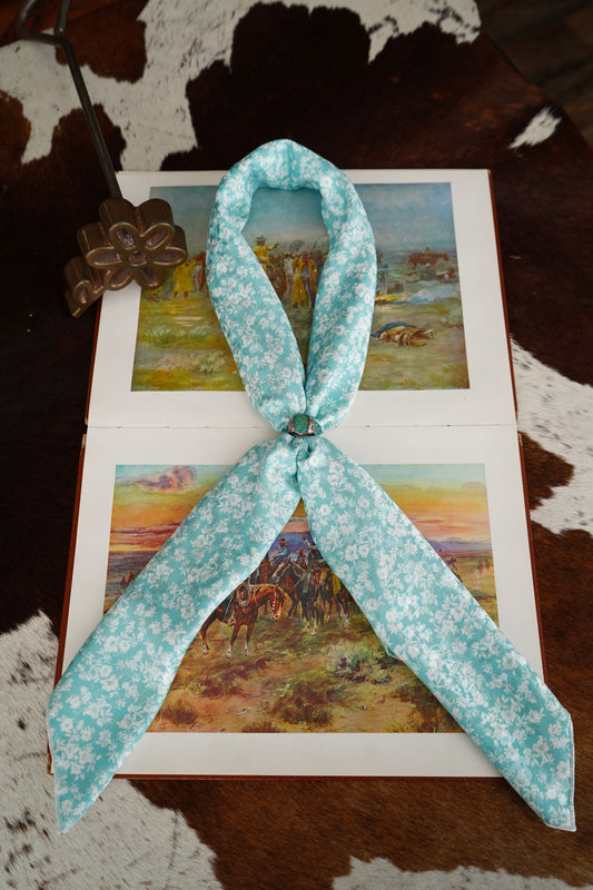 White & Turquoise Jacquard Floral Wild Rag
