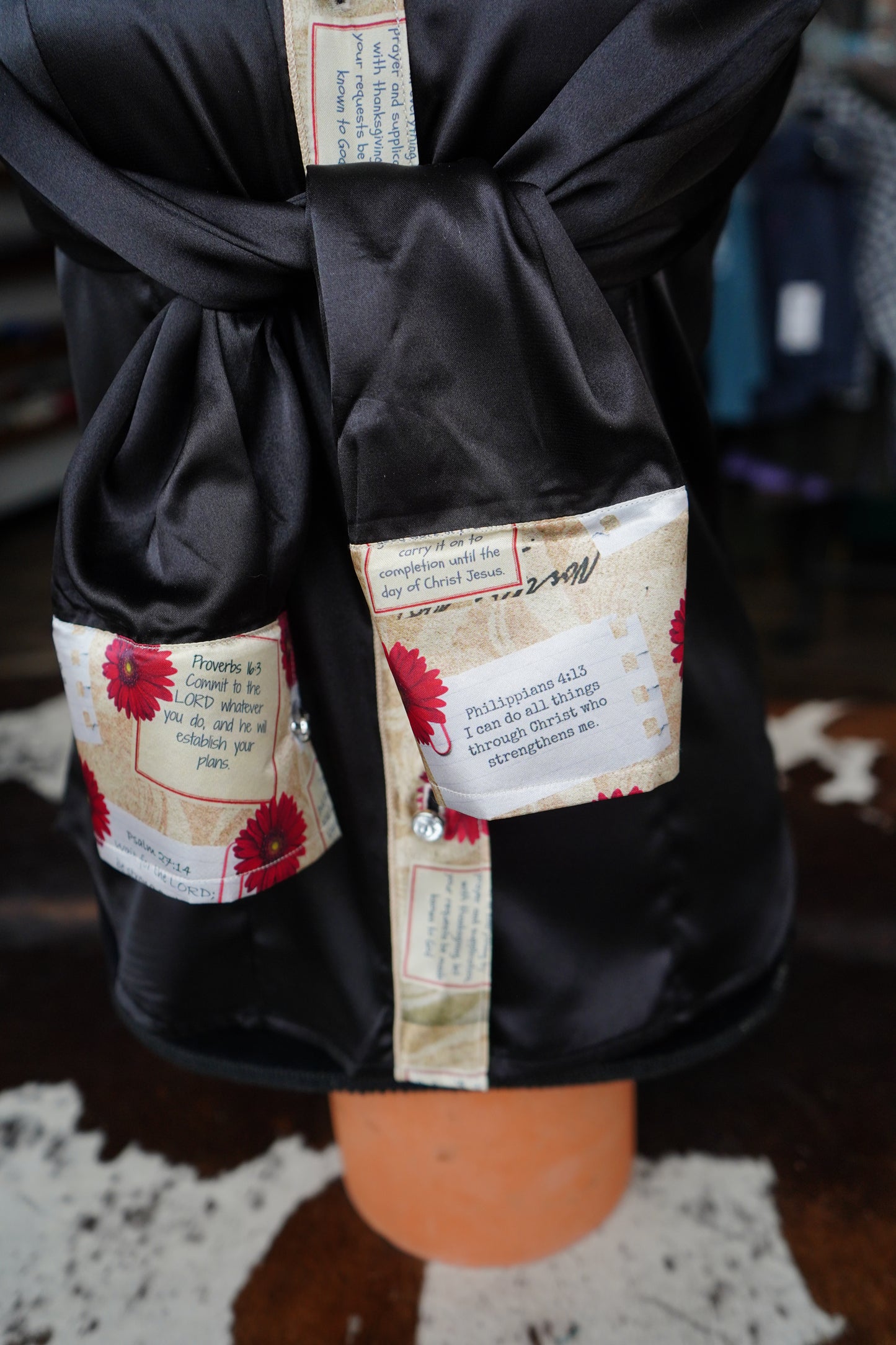 S - Postcard Scripture on Black Satin Button Down