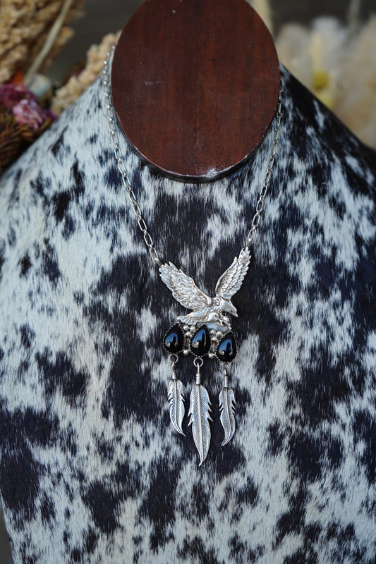 Vintage Black Onyx & Bald Eagle Necklace