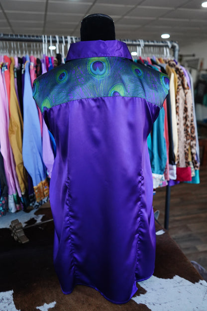 3XL - Peacock Feathers on Purple Satin Button Down