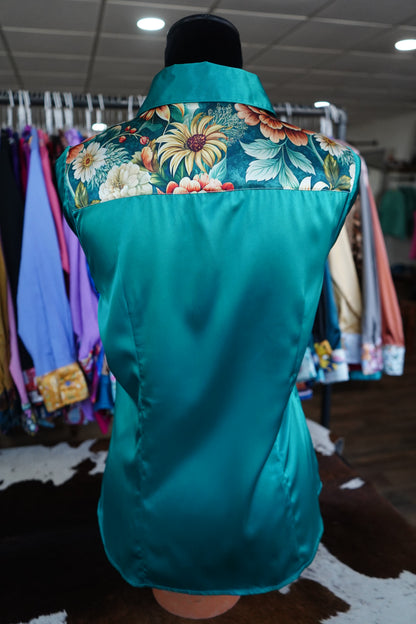 L - Emerald & Rust Floral on Emerald Satin Button Down