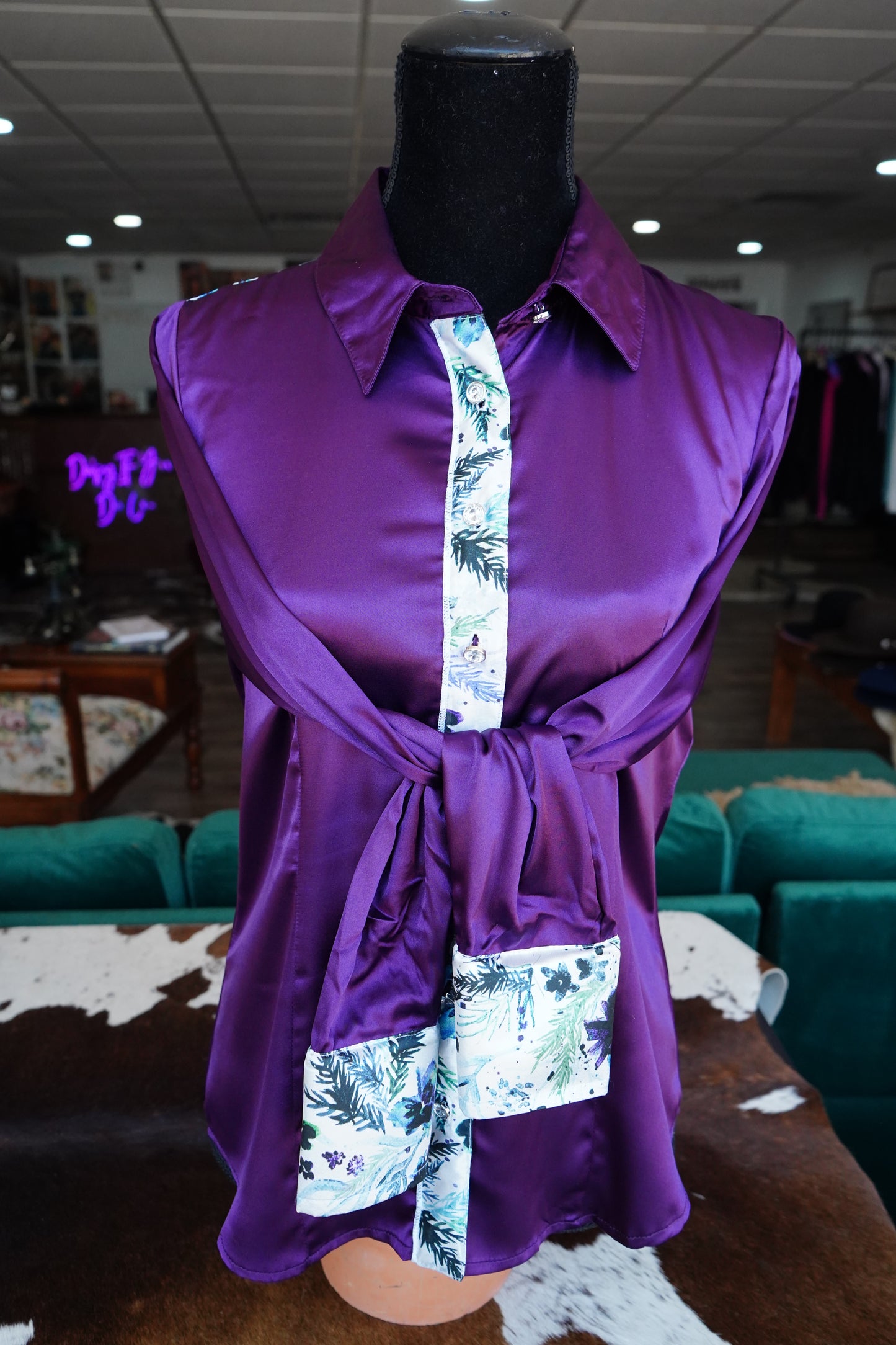 L - Watercolor Purple & Blue Floral on Purple Satin Button Down