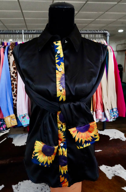S - Large Sunflowers on Black Satin Button Down