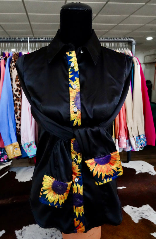 S - Large Sunflowers on Black Satin Button Down