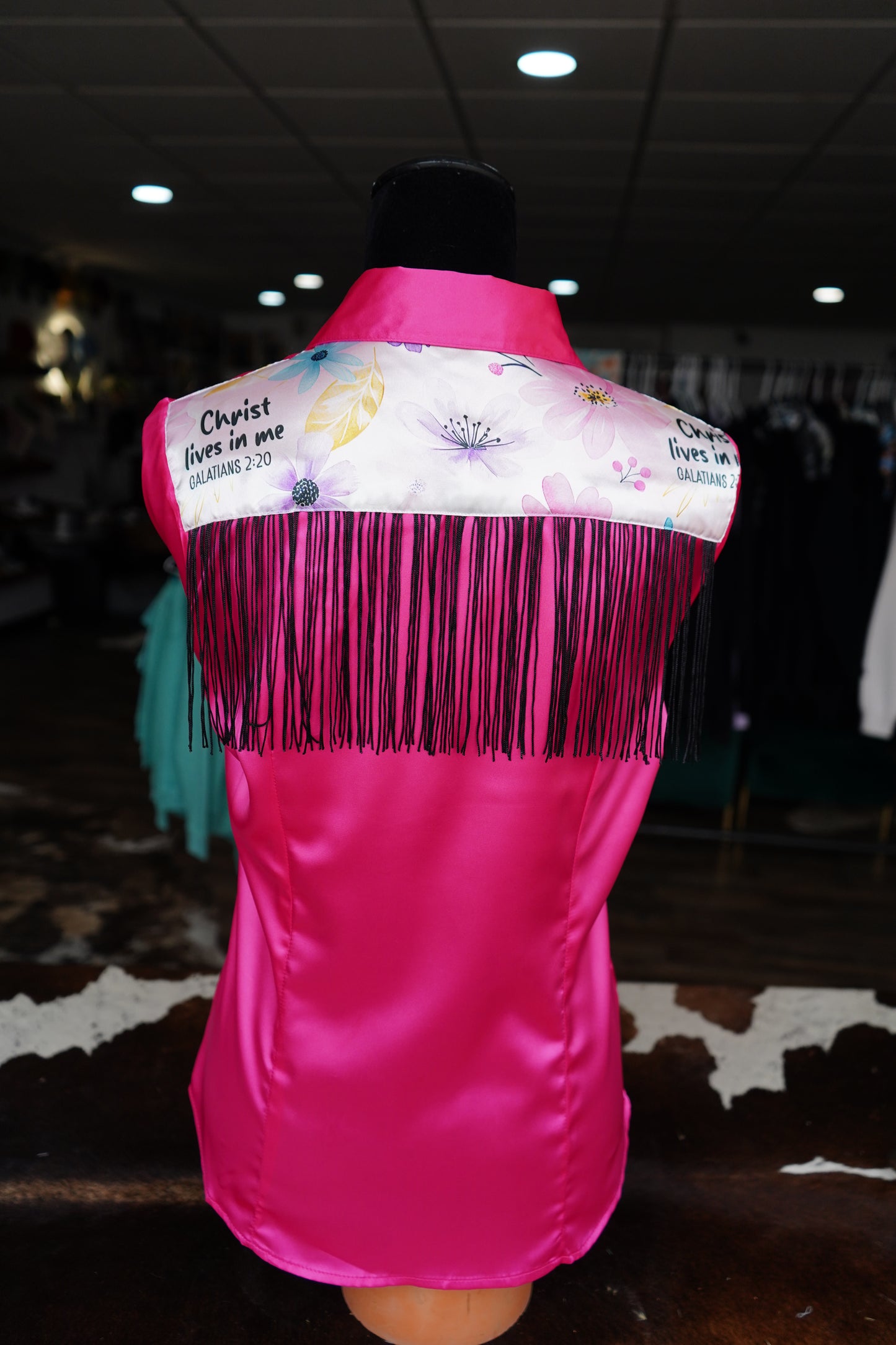 L - Watercolor Verses on Hot Pink Satin Button Down w/ Fringe