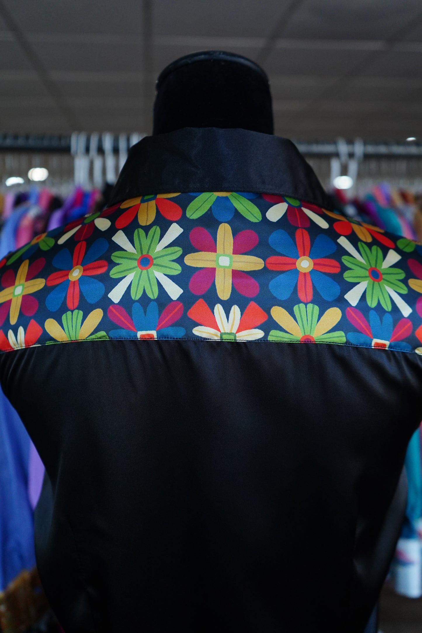 M - Multicolor Flowers on Black Satin Button Down