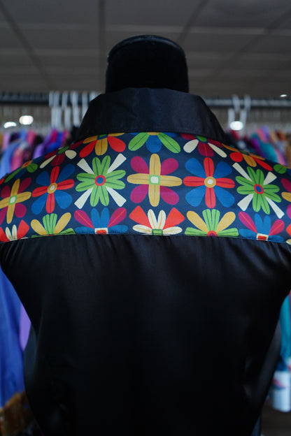 M - Multicolor Flowers on Black Satin Button Down