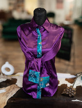 Load image into Gallery viewer, S - Geometric Teal on Purple Button Down