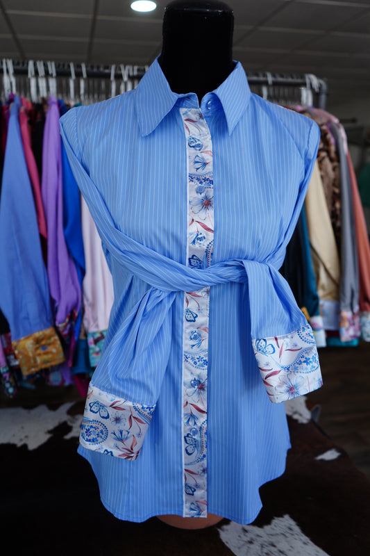 M - Blue & Rust Floral Paisley on Blue Stripe Cotton Button Down