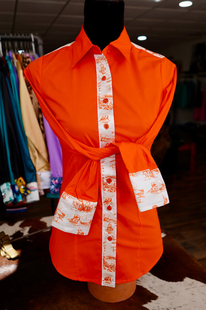 S - Pokes Prairie on Orange Cotton Button Down
