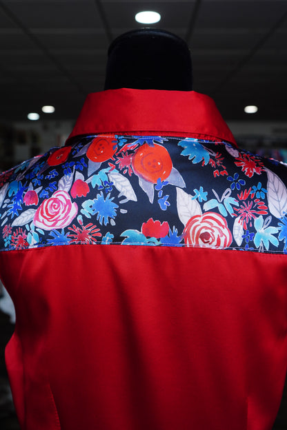 PRELOVED - L - Patriotic Painted Floral on Red Satin Button Down