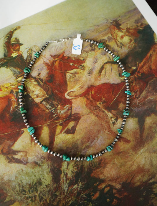 Sterling Silver Pearls w/ Turquoise Chip Clusters Necklace - 18”