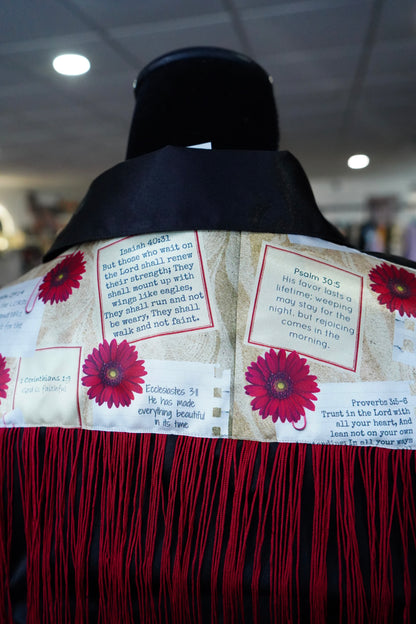 S - Postcard Scripture w/ Red Fringe on Black Satin Button Down