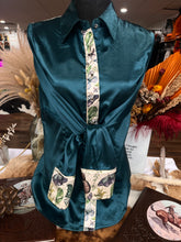 Load image into Gallery viewer, L - Butterflies &amp; Leaves on Teal Satin Button Down