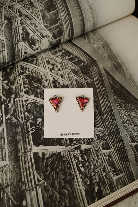 Pink Dahlia Triangle Stud Earrings