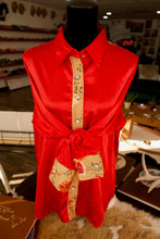 Load image into Gallery viewer, 3XL - Tan w/ Red and Yellow Flowers on Red Satin Button Down