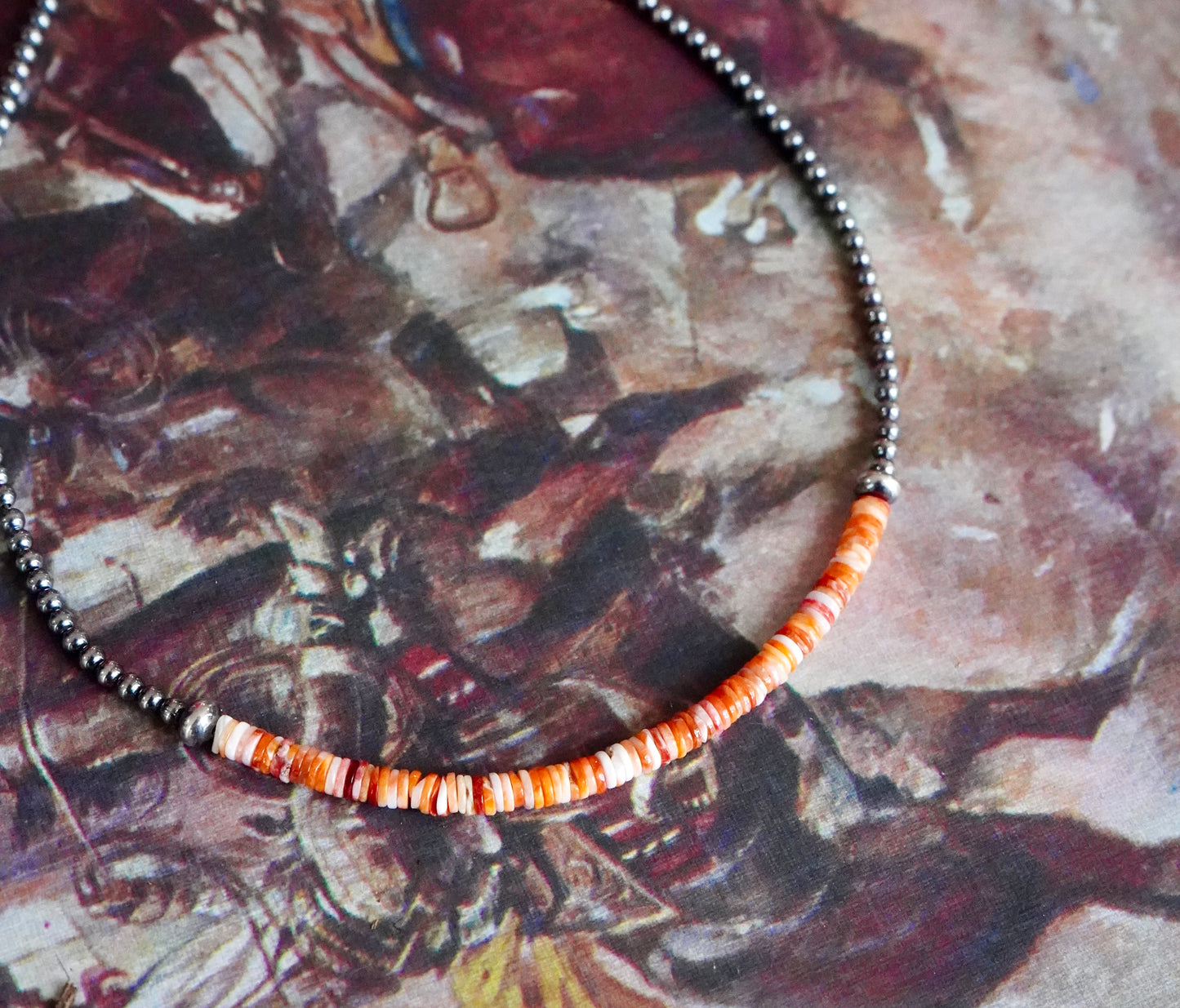 Sterling Silver Pearls w/ Orange Spiny Necklace