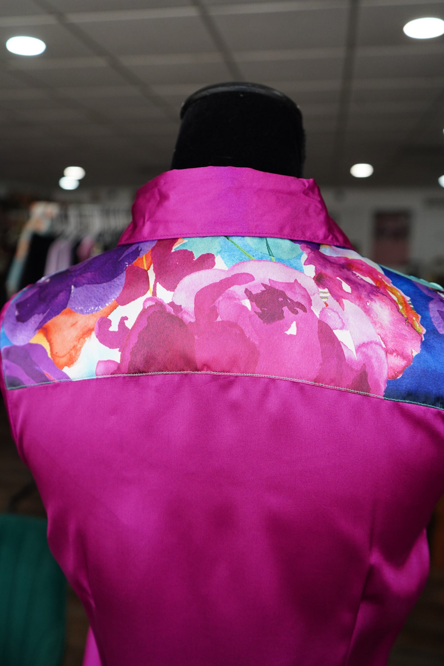 M - Watercolor Floral on Magenta Satin Button Down