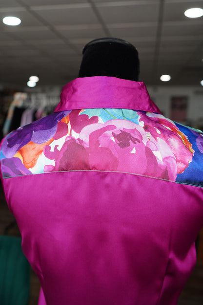 M - Watercolor Floral on Magenta Satin Button Down