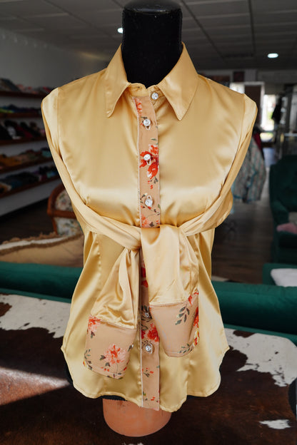 M - Tan w/ Red Flowers on Gold Satin Button Down