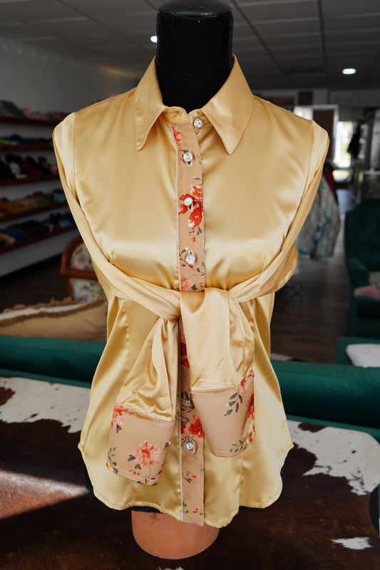 M - Tan w/ Red Flowers on Gold Satin Button Down