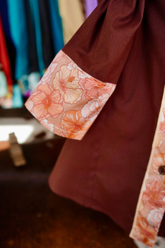 XL - Pastel Hibiscus on Brown Cotton Button Down