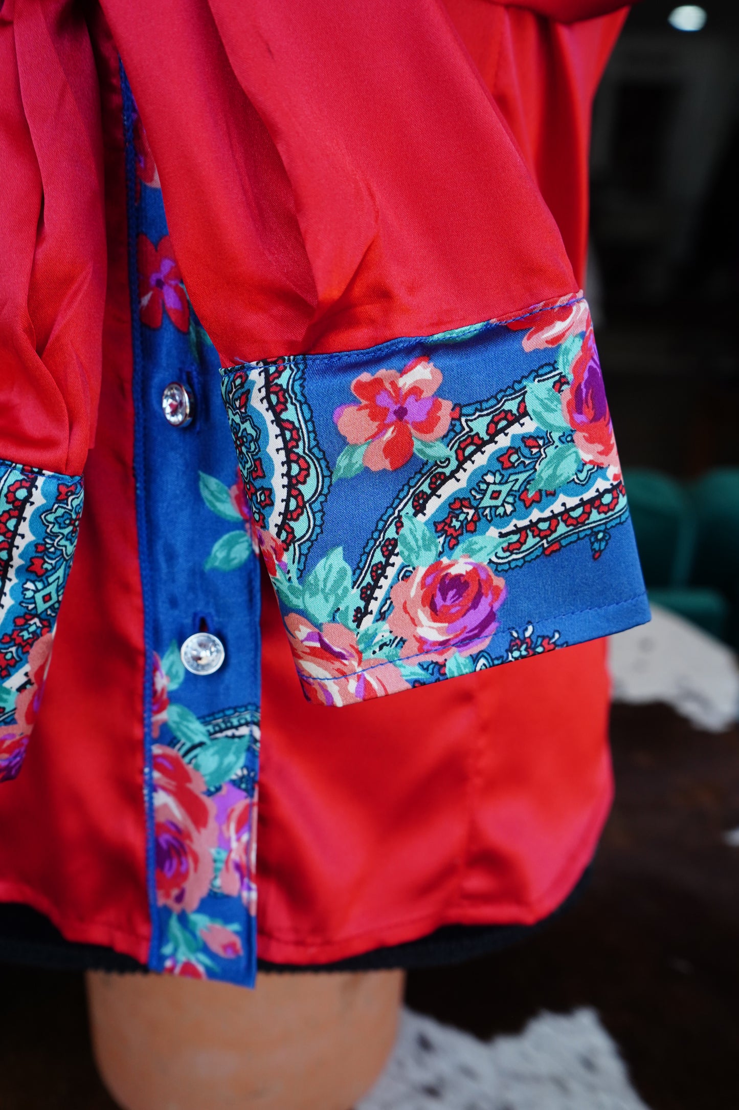 S - Blue Paisley w/ Pink Roses on Red Satin Button Down