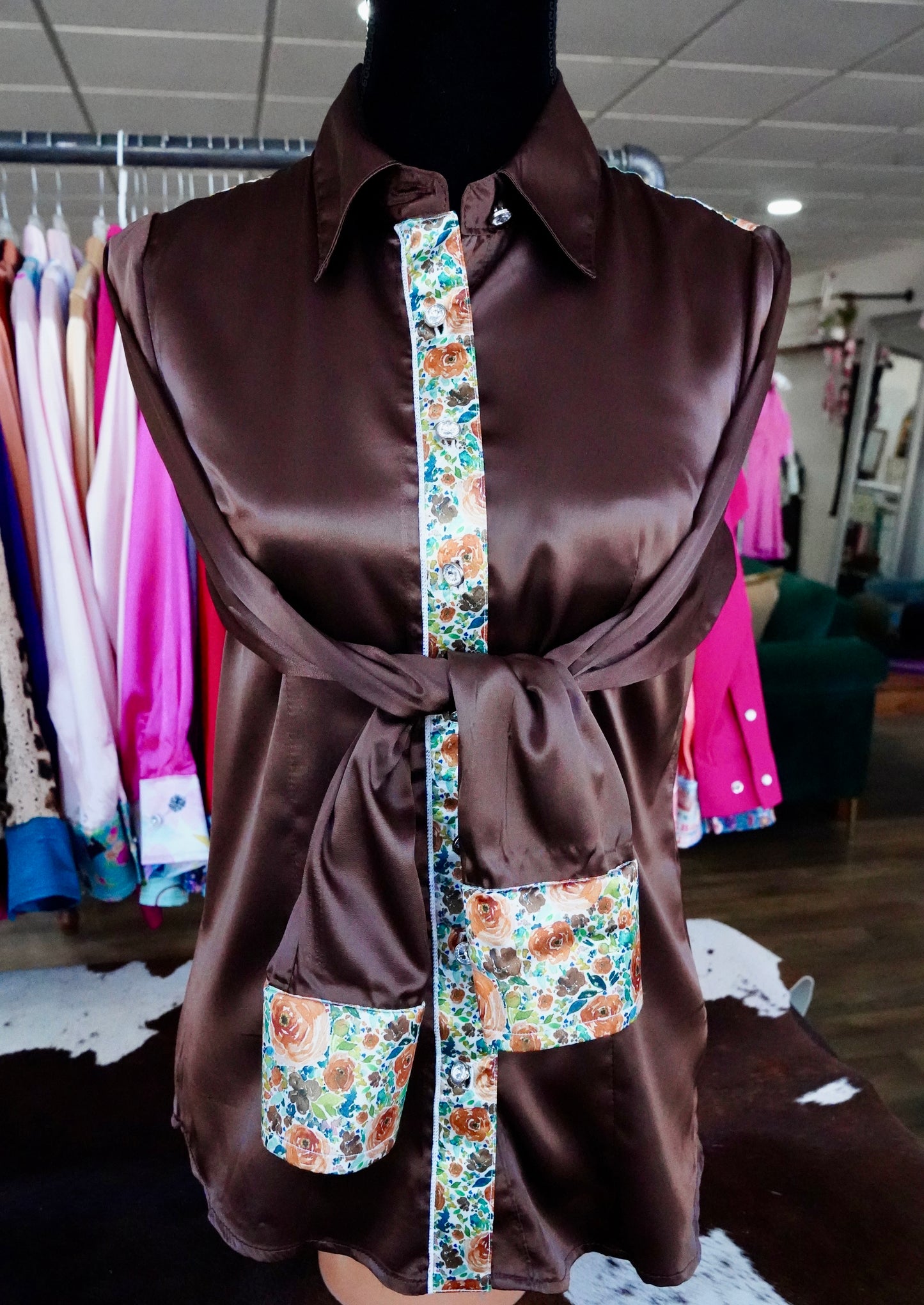 M - Watercolor Rust Roses on Brown Satin Button Down